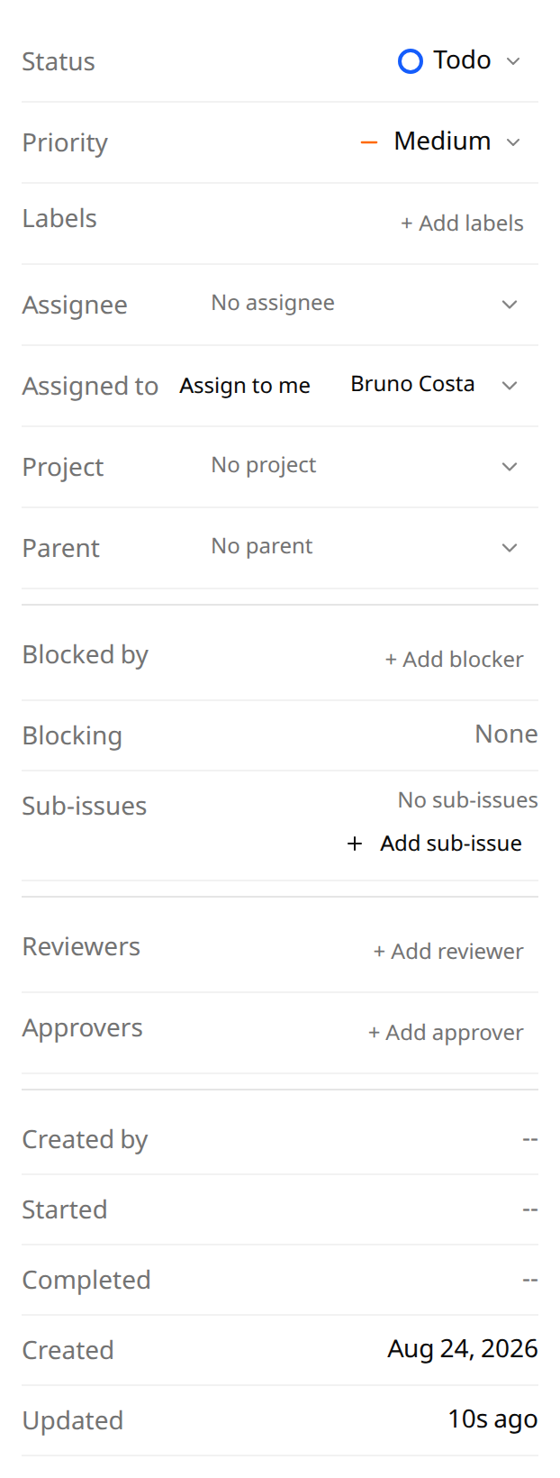 The task properties panel showing an Assignee row set to No assignee above an Assigned to row with an Assign to me button and the human assignee Bruno Costa.